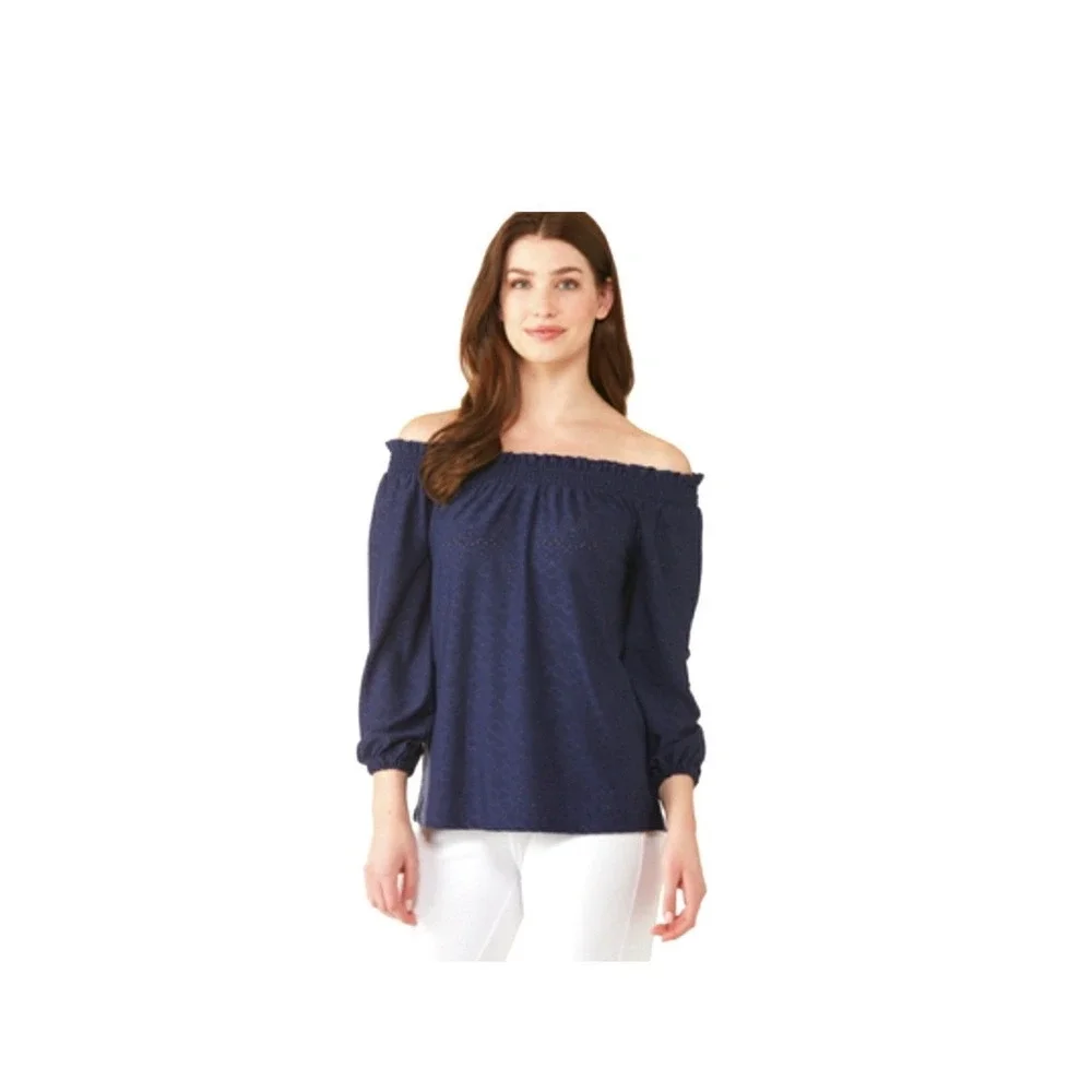 Michael Kors Off Shoulder Eyelet Smocked Navy Peasant Blouse Women's Small
